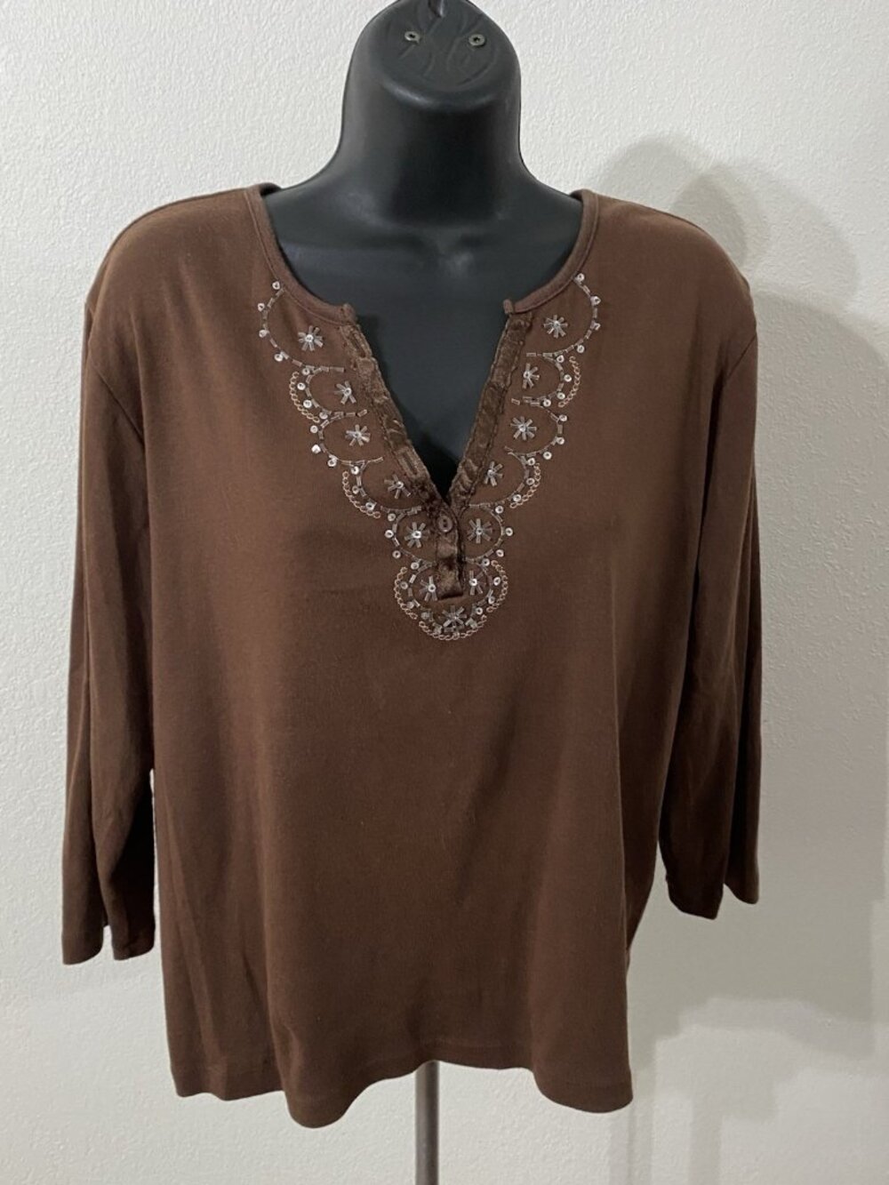 Jason Maxwell Blouse Top Women XL Long Sleeve Embellished V-Neck Brown